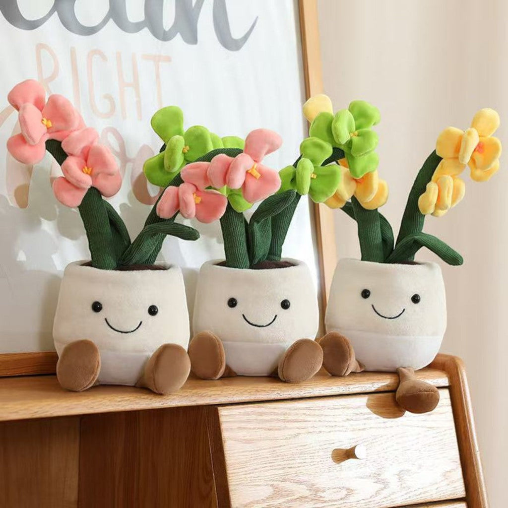 Orchidee kawaii Kuscheltier bunt im Topf Die Kuschelecke